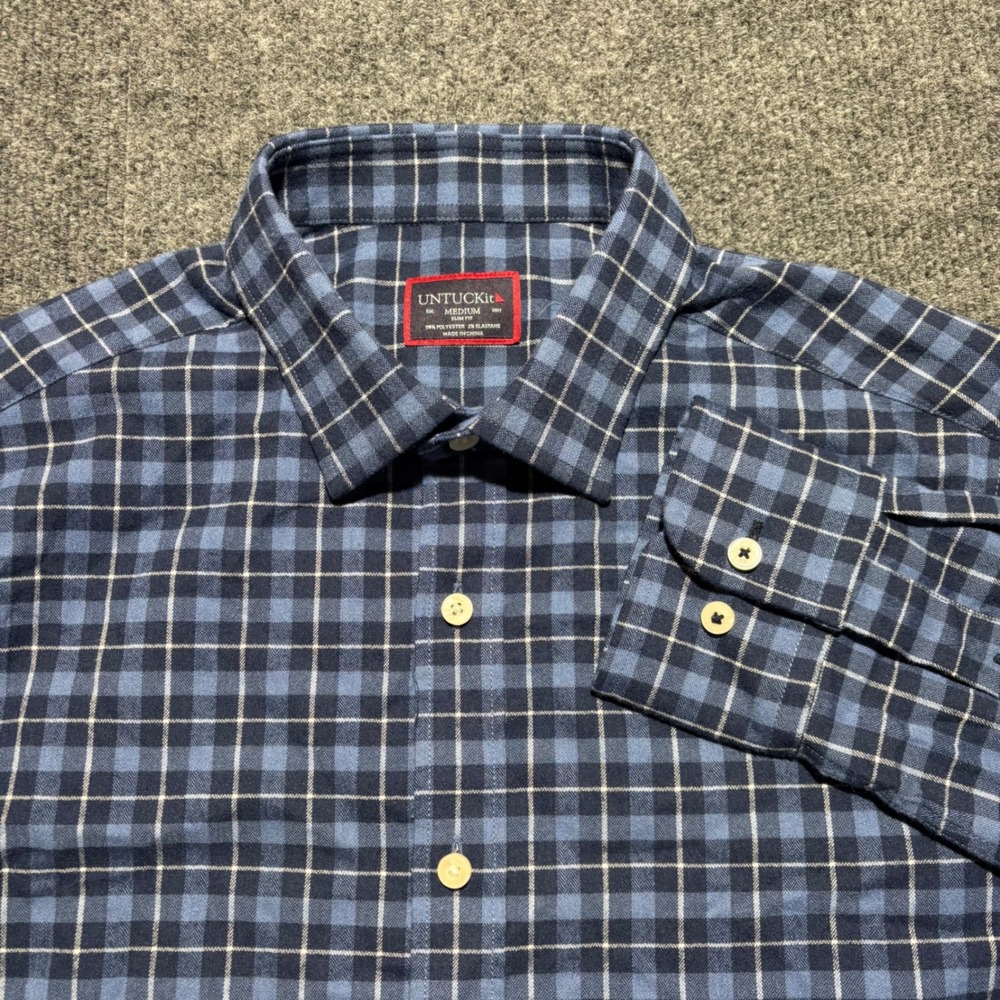UNTUCKit Mens Slim Fit Blue Plaid Long Sleeve Button Down Shirt Medium
